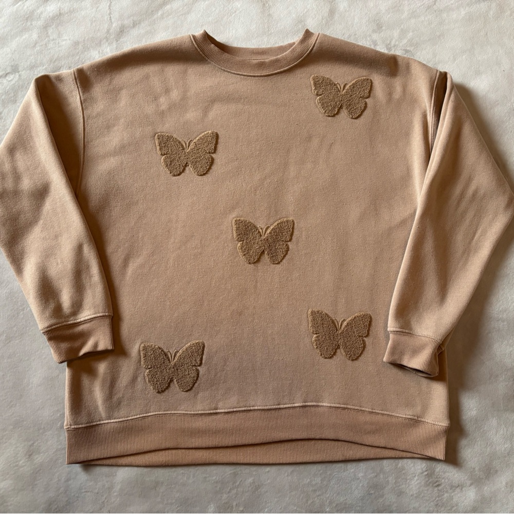 No Comment Beige Butterfly Applique Sweatshirt Large Cozy Fleece Pullover - Picture 2 of 7